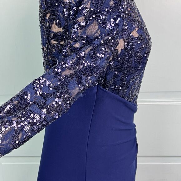 Lauren Ralph Lauren Blue Sequin Cocktail Dress Sheath Long Sleeve Ruched Skirt L - Picture 13 of 16